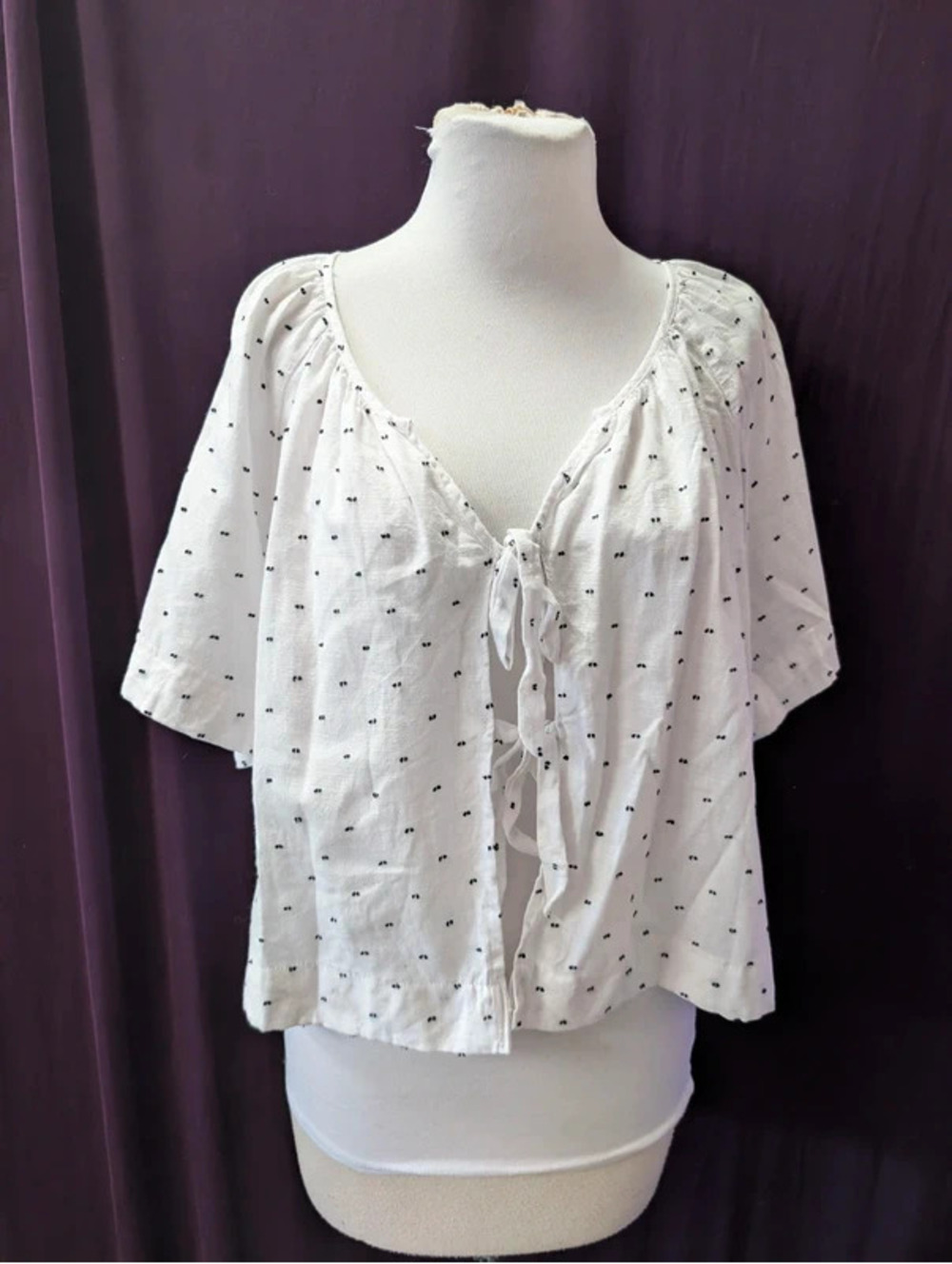 White Black Cotton Linen Blend Tie Front Top XL